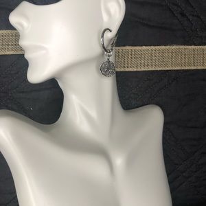 Grey Druzy Quartz Silver Hoop Dangle Earrings